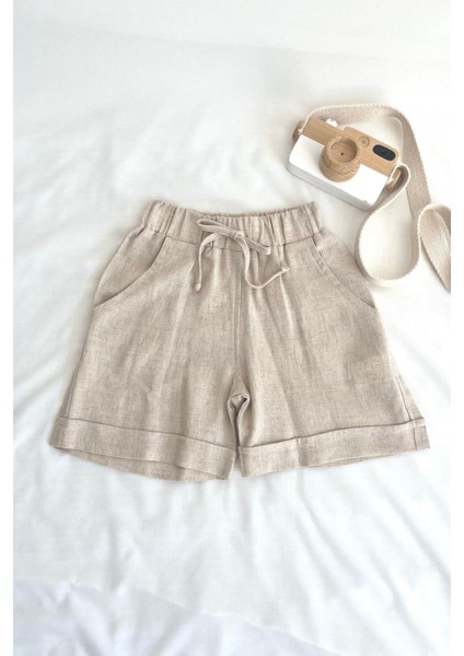 Bej Naturel Keten Beli Lastikli Bağcıklı Cepli Unisex Şort