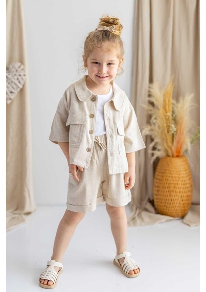 Bej Naturel Keten Beli Lastikli Bağcıklı Cepli Unisex Şort