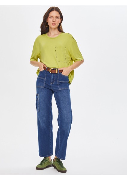 Trok Taş Aksesuarlı Yuvarlak Yaka Kısa Kol T-Shirt 69543