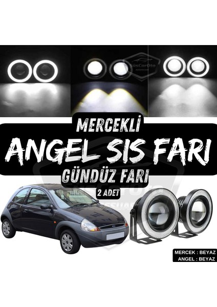 Ford Ka 1996-2008 Uyumlu Üniversal Mercekli Angel Sis Farı Metal Su Geçirmez 76 mm Beyaz Halkalı Gündüz Farı Angel Eyes 2 Adet