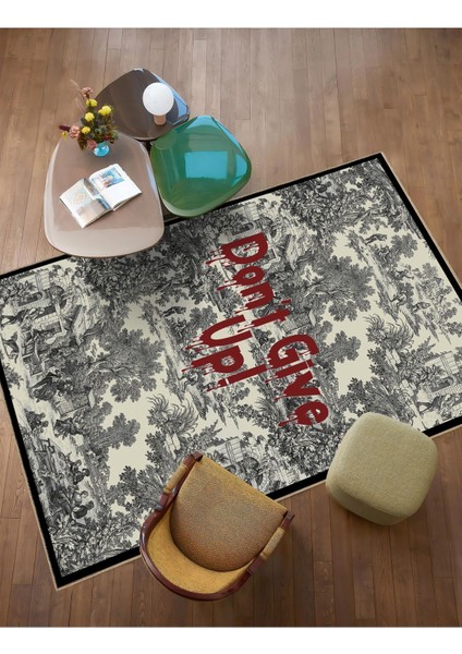 Farah Serisi Tasarım Siyah Pes Etme Yazılı Vintage Arka Plan Dekoratif Halı 3205 fiyatları
