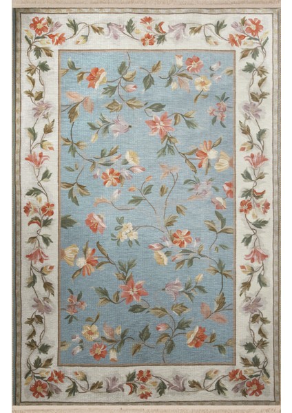 Bej Mavi Temalı Çok Renkli Çiçek Gül ve Sarmaşık Desenli Modern Dekoratif Halı 2566