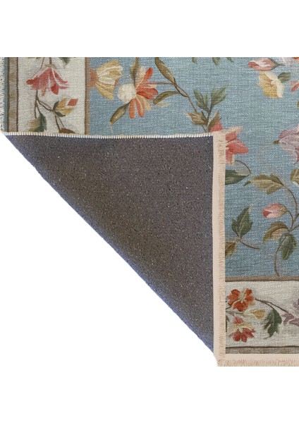 Bej Mavi Temalı Çok Renkli Çiçek Gül ve Sarmaşık Desenli Modern Dekoratif Halı 2566 fırsatları