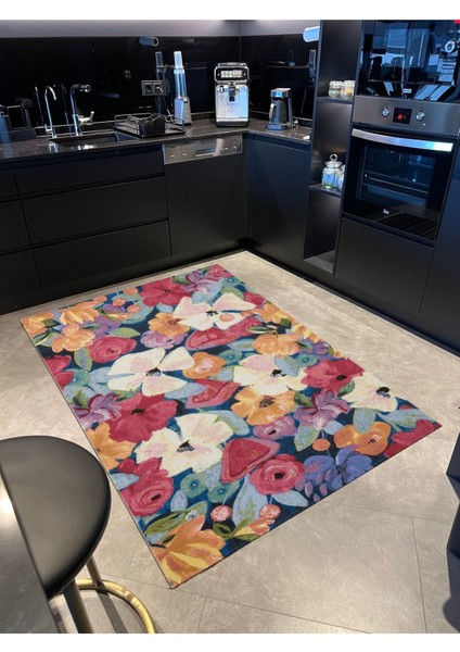 Lacivert Renkli Çiçek Tema Pastel Dokuma Taban Halı Mira 1325