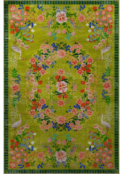 Floral Mira Yeşil Tema Çok Renkli Çiçek Desenli Renkli Dokuma Taban Halı Mira 2921