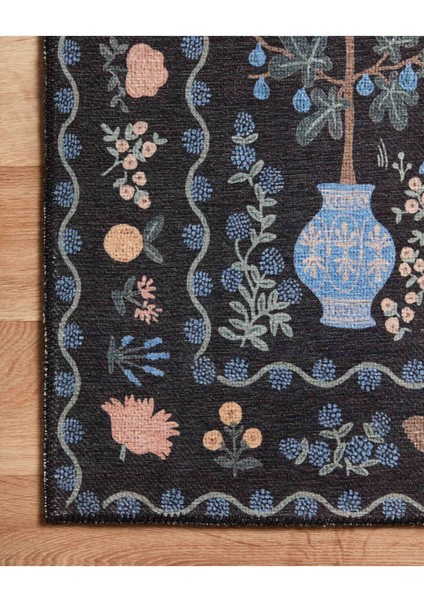 Floral Mira Siyah Ev ve Botanik Tema Renkli Dokuma Taban Halı Mira 1315