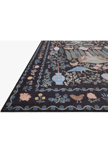 Floral Mira Siyah Ev ve Botanik Tema Renkli Dokuma Taban Halı Mira 1315