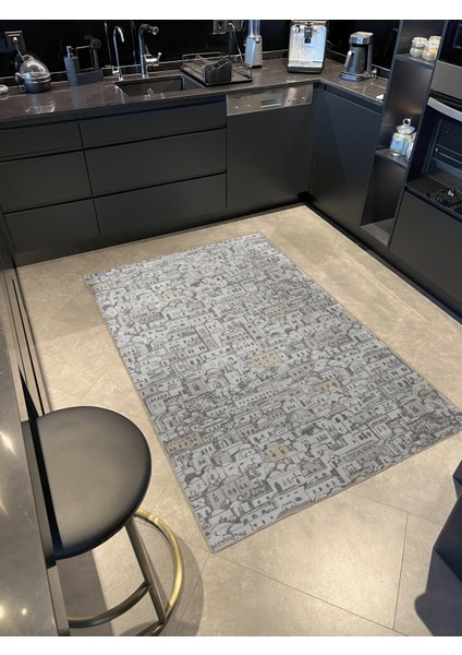 Bej Gri Temalı Antik Şehir Tasarım Bina Ev Desenli Kreatif Modern Dekoratif Halı 2707 fiyatları