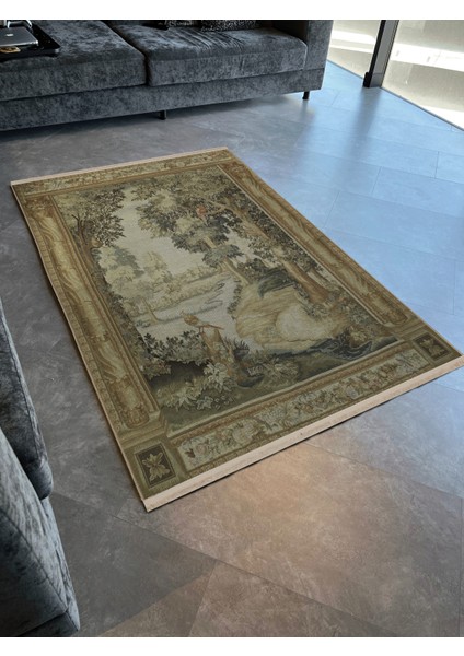 Çok Renkli Goblen Tasarım Irmak ve Ağaç Desenli Kreatif Vintage Dekoratif Halı 2893