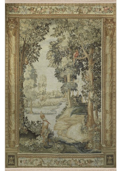 Çok Renkli Goblen Tasarım Irmak ve Ağaç Desenli Kreatif Vintage Dekoratif Halı 2893