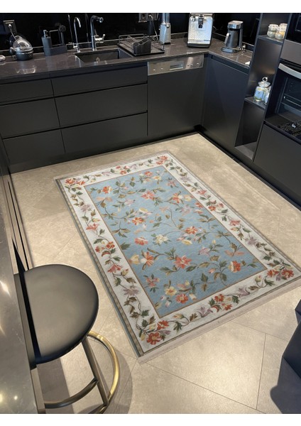 Bej Mavi Temalı Çok Renkli Çiçek Gül ve Sarmaşık Desenli Modern Dekoratif Halı 2566
