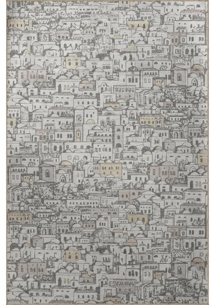 Bej Gri Temalı Antik Şehir Tasarım Bina Ev Desenli Kreatif Modern Dekoratif Halı 2707