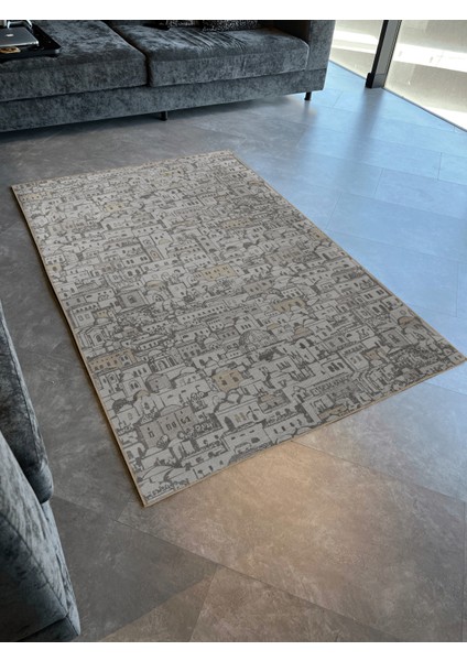 Bej Gri Temalı Antik Şehir Tasarım Bina Ev Desenli Kreatif Modern Dekoratif Halı 2707 modelleri