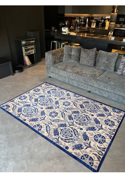 Mavi Beyaz Blue Blanc Çini Desen Osmanlı Esintisi Dekoratif Halı 1716 fiyatları