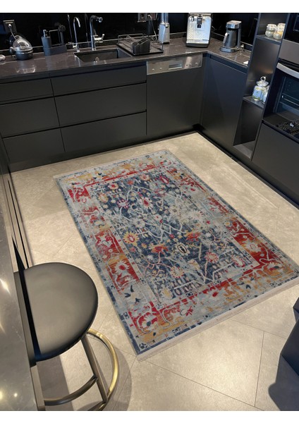 Rugs Modern Kırmızı Mavi Temalı Soyut Geleneksel Motif Etnik Çiçek Desenli Vintage Dekoratif Halı 2388