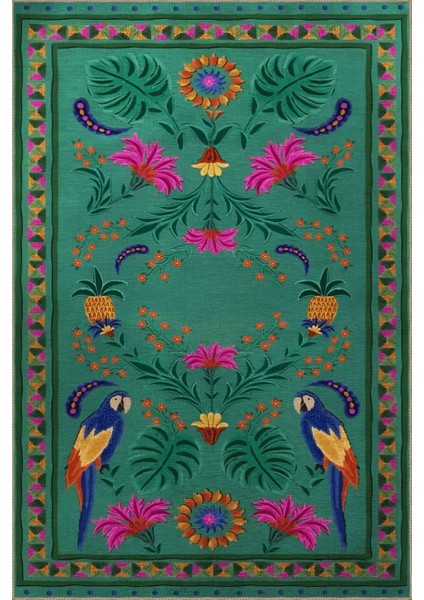 Yeşil Temalı Çiçek Kuş Desenli Kreatif Modern Dekoratif Halı 2003