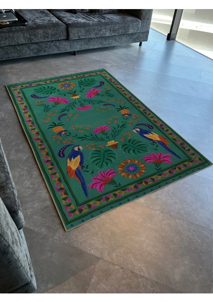 Yeşil Temalı Çiçek Kuş Desenli Kreatif Modern Dekoratif Halı 2003 modelleri