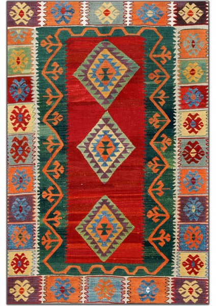 Rugs Modern Etnik Kırmızı Yeşil Çok Renkli Kilim Desen Dekoratif Halı 1701