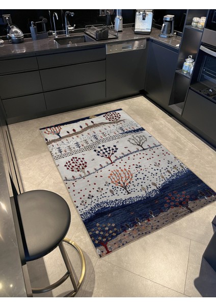 Mavi Bej Temalı Sonbahar Tasarım Ağaç Desenli Kreatif Modern Dekoratif Halı 2896 fiyatları