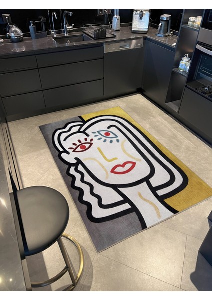 Sarı Bej Temalı Sürrealist Kadın Yüzü Desenli Kreatif Modern Dekoratif Halı 2194