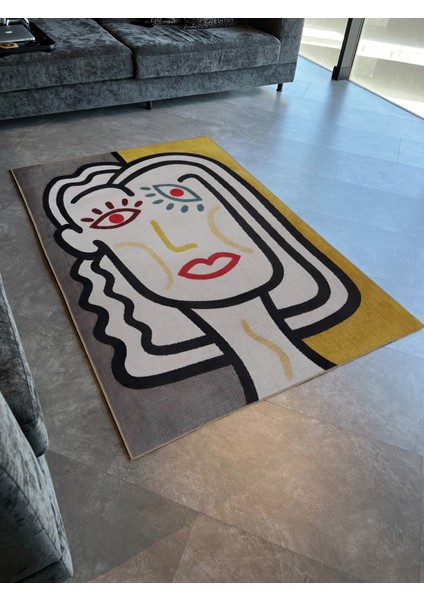 Sarı Bej Temalı Sürrealist Kadın Yüzü Desenli Kreatif Modern Dekoratif Halı 2194