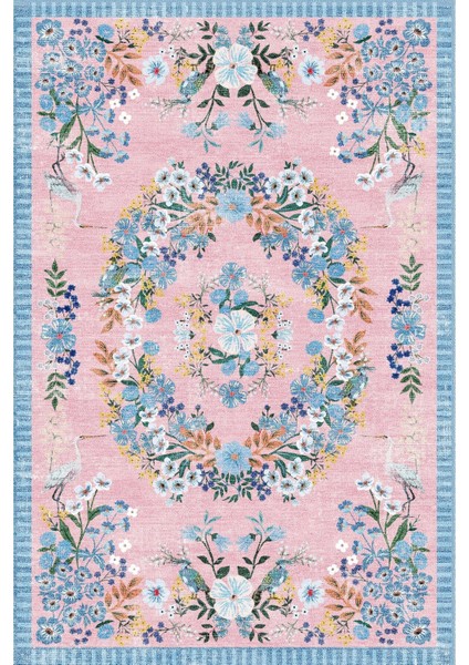 Pembe Çiçek Temalı Pastel Renkli Dokuma Taban Halı Mira 1338