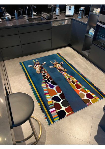 Mavi Temalı Zürafa Desenli Çok Renkli Modern Dekoratif Halı 1649 fiyatları