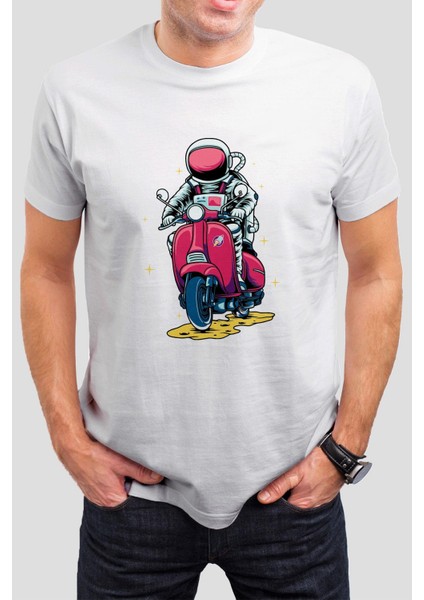 Astronot Motorcu Baskılı Beyaz Unisex T-Shirt C971