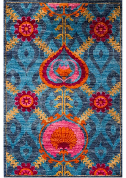 Suzani Ikat Desen Fuşya Turuncu Mavi Desenli Dekoratif Halı 1719