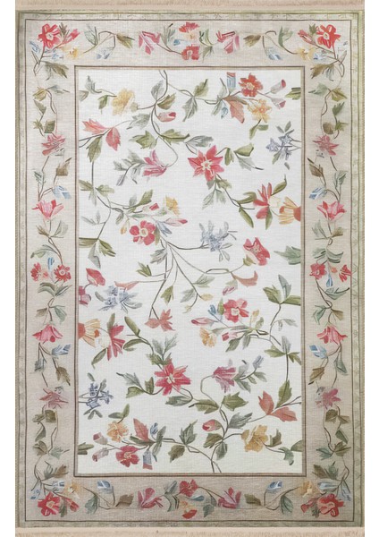 Pudra Bej Temalı Çok Renkli Çiçek Desenli Kreatif Vintage Dekoratif Halı 2562