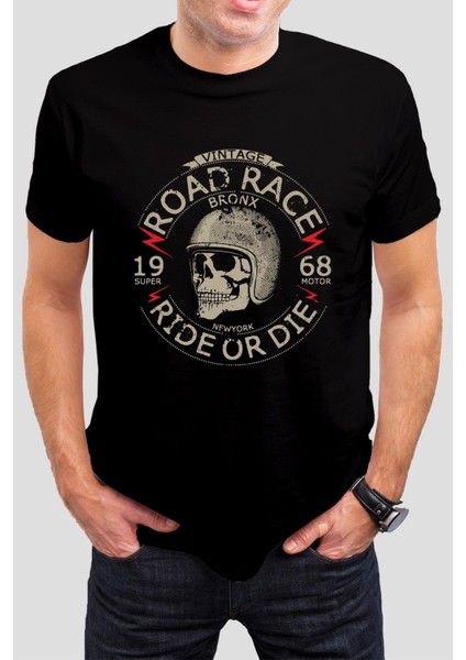 Motorcu Kuru Kafa Baskılı Siyah Unisex T-Shirt C1002