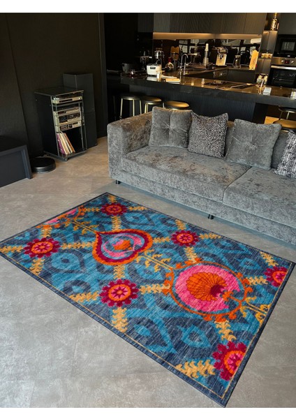 Suzani Ikat Desen Fuşya Turuncu Mavi Desenli Dekoratif Halı 1719 fiyatları