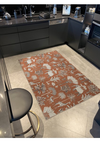 Turuncu Bej Temalı Ağaç ve Vahşi Hayvan Desenli Kreatif Modern Dekoratif Halı 2183