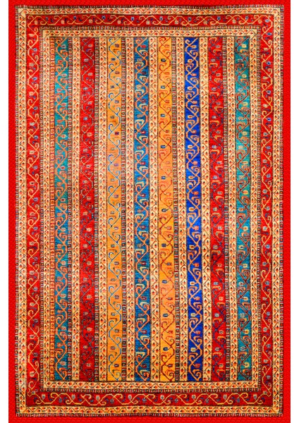 Mira Çok Renkli Geleneksel Motif Şerit Desenli Vintage Dekoratif Halı Mira 1555