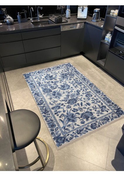 Koyu Mavi Temalı Çiçek ve Gül Desenli Kreatif Modern Dekoratif Halı 2567