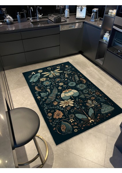 Koyu Ton Çok Renkli Karma Etnik Çiçek ve Gül Desenli Modern Dekoratif Halı 2332