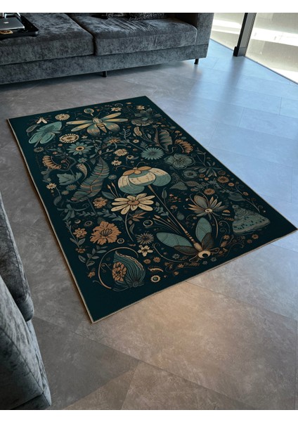 Koyu Ton Çok Renkli Karma Etnik Çiçek ve Gül Desenli Modern Dekoratif Halı 2332