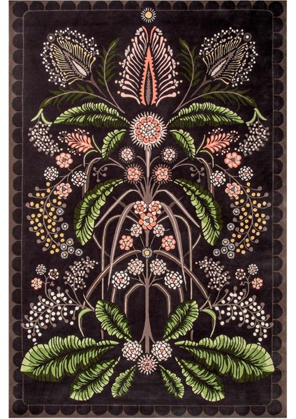 Botanik Tema Floral Kahverengi Yeşil Çiçekli Etnik Halı Mira 1292
