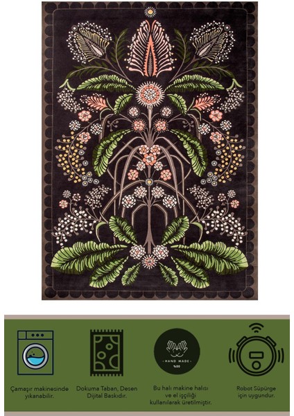 Botanik Tema Floral Kahverengi Yeşil Çiçekli Etnik Halı Mira 1292 fiyatları