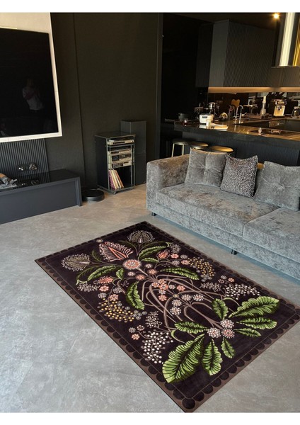 Botanik Tema Floral Kahverengi Yeşil Çiçekli Etnik Halı Mira 1292 modelleri