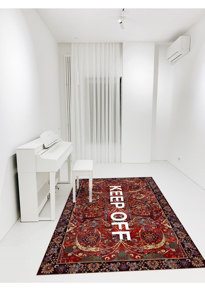 Vintage Bordo Keep Off Yazılı Çok Renkli Dokuma Taban Dekoratif Halı 1732 fiyatları