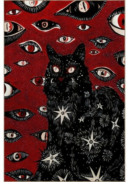 Bordo Siyah Temalı Sürrealist Etnik Göz ve Kedi Desenli Kreatif Modern Dekoratif Halı 2362