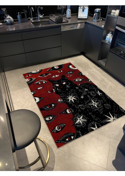 Bordo Siyah Temalı Sürrealist Etnik Göz ve Kedi Desenli Kreatif Modern Dekoratif Halı 2362 fiyatları