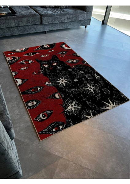 Bordo Siyah Temalı Sürrealist Etnik Göz ve Kedi Desenli Kreatif Modern Dekoratif Halı 2362 modelleri