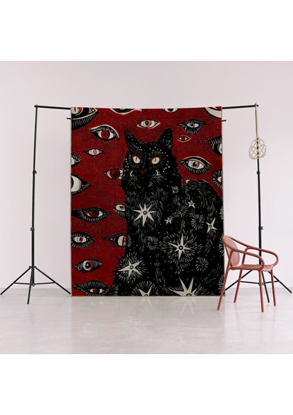 Bordo Siyah Temalı Sürrealist Etnik Göz ve Kedi Desenli Kreatif Modern Dekoratif Halı 2362 fırsatları