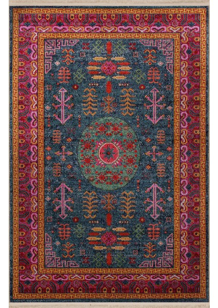 Yeşil Temalı Çok Renkli Geleneksel Motif Desenli Kreatif Vintage Dekoratif Halı 2768