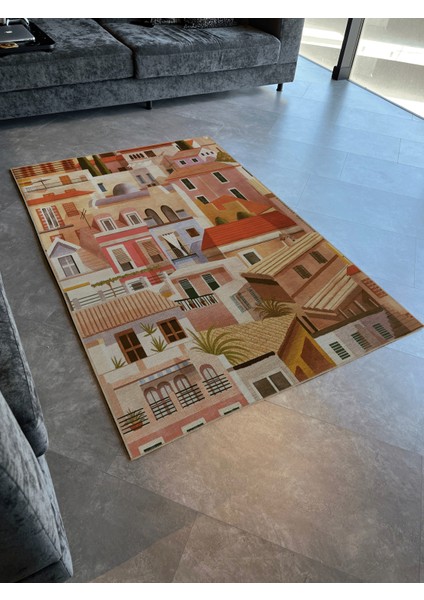Çok Renkli Antik Şehir Temalı Bina Ev Desenli Kreatif Modern Dekoratif Halı 2743 modelleri