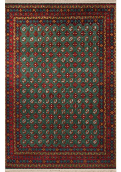 Koyu Ton Yeşil Kırmızı Temalı Geleneksel Motif Desenli Kreatif Vintage Dekoratif Halı 2694