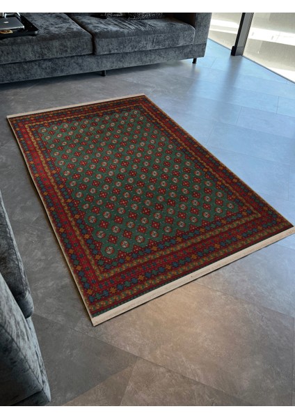 Koyu Ton Yeşil Kırmızı Temalı Geleneksel Motif Desenli Kreatif Vintage Dekoratif Halı 2694 modelleri