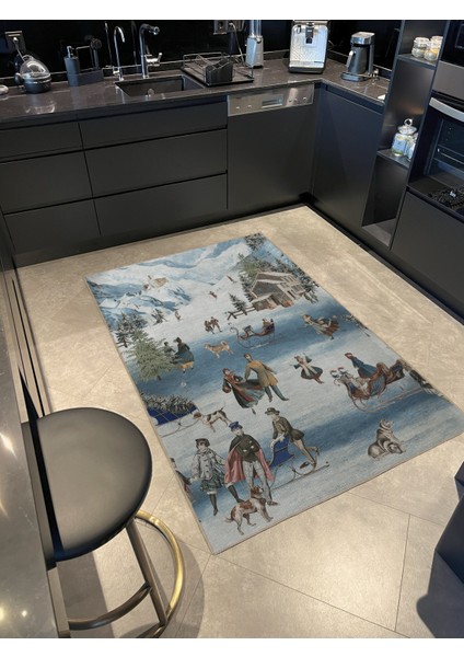 Kış Temalı Kızak Kurt ve Insan Desenli Kreatif Modern Dekoratif Halı 2714